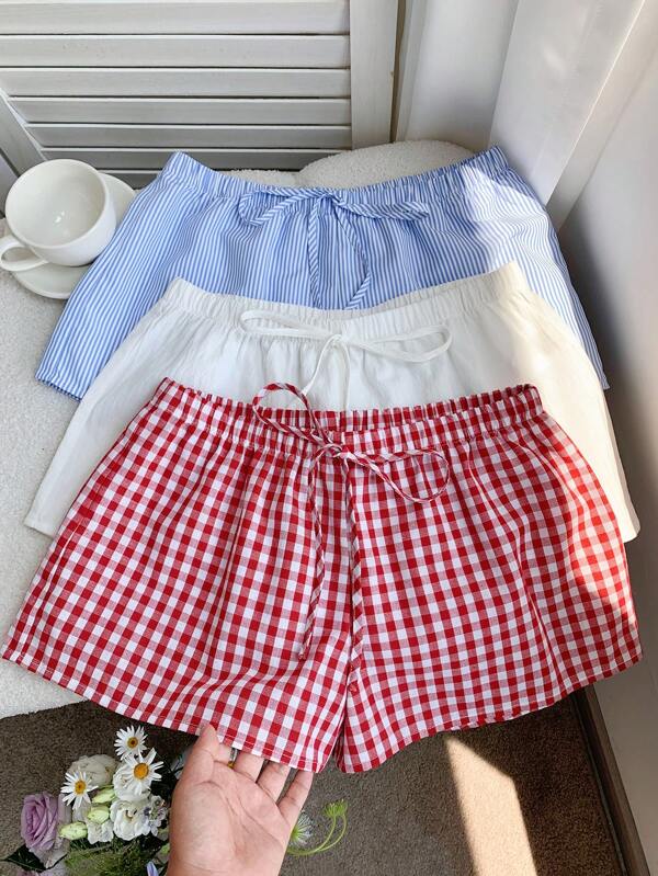 Comfortcana Vacation 3 Piece Set  Women Tie-Waist Loose Casual Shorts Sets In Women Gingham Shorts