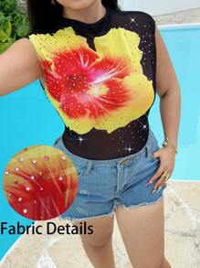 Sunnyshic Plus Size Women's Summer Solid Mesh Fabric High Neck 3D Floral Printed Women's Short Sleeve T-Shirt With Shiny Rhinestones - Black - View 2