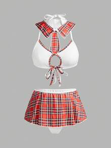 Fantasy Costume Fantasy Costume 女士美式学院风格子上衣、裙子、丁字裤、领结内衣套装 - 紅色 - 查看 1