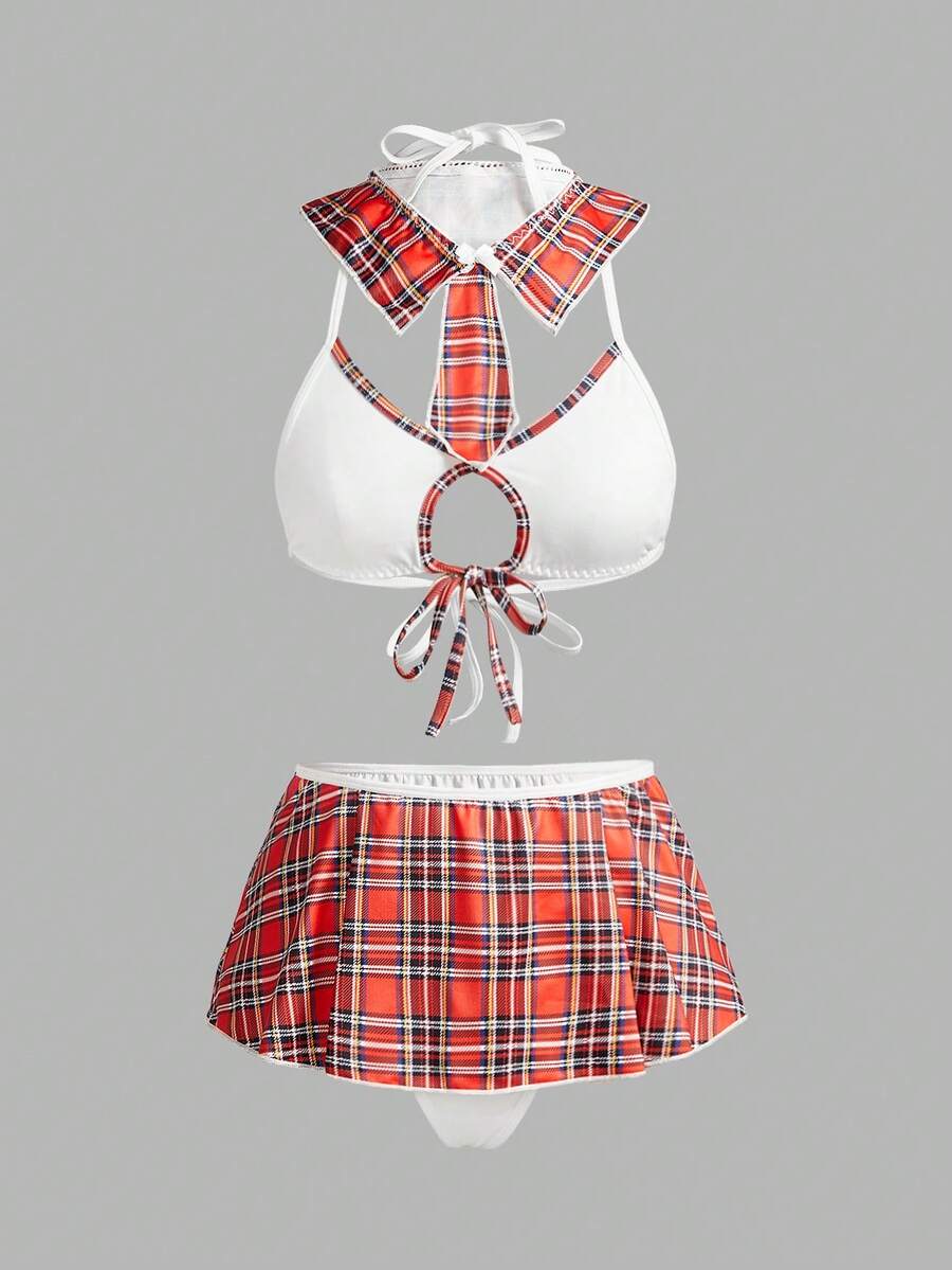 Fantasy Costume Fantasy Costume 女士美式学院风格子上衣、裙子、丁字裤、领结内衣套装 - 紅色 - 查看 1
