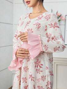 Yasmyna 优雅花卉印花喇叭袖蕾丝花边女式土耳其和阿拉伯传统长款束腰外衣 - 粉色 - 查看 1