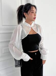 DAZY Áo crop top tay phồng cổ trụ dáng rộng không có áo hai dây, Áo dài tay cho nữ mặc khi trở lại trường, Quần áo mùa thu cho nữ - trắng - Xem 4