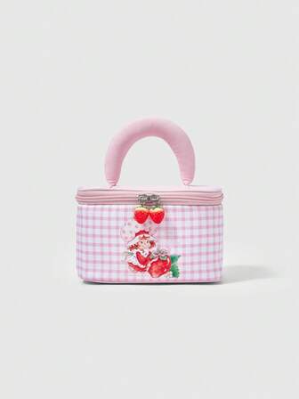 Sac cosmétique mignon motif fraise, pochette de rangement portable matelassée à main