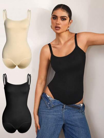 SHEIN Sports Women's Solid Color Casual Spaghetti Strap Sports Bodysuit