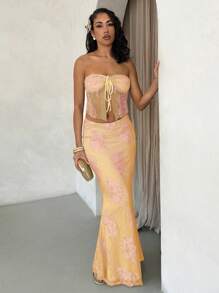 Glamine 2pcs Lace Crop Top & Mini Skirt Set, Sexy & Elegant For Daily, Holiday, Party, Spring/Summer Fall Women Clothes Back To School