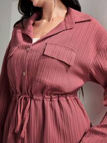 Graceveil 翻盖口袋抽绳腰衬衫和阔腿裤两件套 - 乾枯玫瑰色 - 查看 4