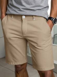 Manfinity Homme 男士纯色休闲直筒修身短裤，带口袋，男士卡其色短裤，男士正装短裤，男士长款短裤，适合男士。送给男朋友或丈夫的绝佳礼物。 - 卡其色 - 查看 3