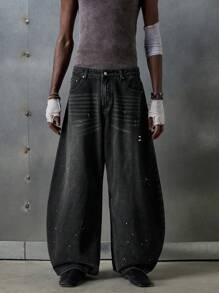 NEON BLANC Men's Street Fashion Woven Long Curved Knife Loose Fit Jeans, Grunge, Couple Things - Black - View 3