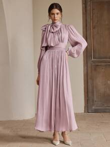 Anewsta 女士长款灰绿色连衣裙，春秋款，褶皱腰身，光泽，优雅百搭