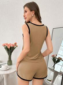 SHEIN 3 件套女士撞色装饰休闲无袖上衣和短裤睡衣套装，多色家居服套装