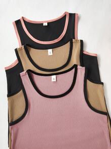 SHEIN 3 件套女士撞色装饰休闲无袖上衣和短裤睡衣套装，多色家居服套装