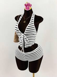 Amplova 2pcs/Set Deep V Halter Tie Front Mini Shorts, Striped - Black and White - View 3