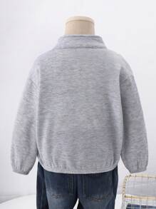 SHEIN 1 件装年轻男童休闲学院风舒适纯色刺绣骏马图案拉链前开襟夹克外套，百搭时尚 - 灰色 - 查看 2