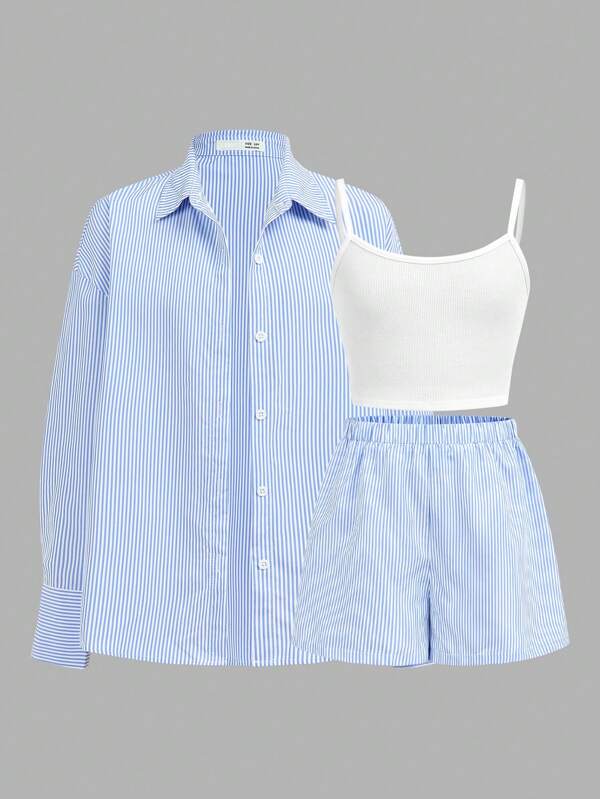 SHEIN Girlism Tween Girls 3-delige casual chique blauw-witte gestreepte blouse met strikprint, getailleerde witte tanktop en shortsset