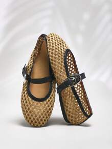 SHUZIA Giày búp bê Mary Jane Ballet Flat Crochet Raffia dành cho nữ - Màu be - Xem 2