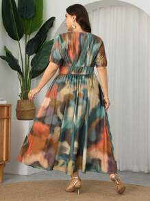 Modelyn Plus Size V-Neck Long Tie Dye Print Elegant Romantic Waist-Cinched A-Line Dress - Multicolor - View 2
