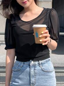DAZY Contrast Mesh Puff Sleeve Top Going Out Tops Sheer - Black - View 4