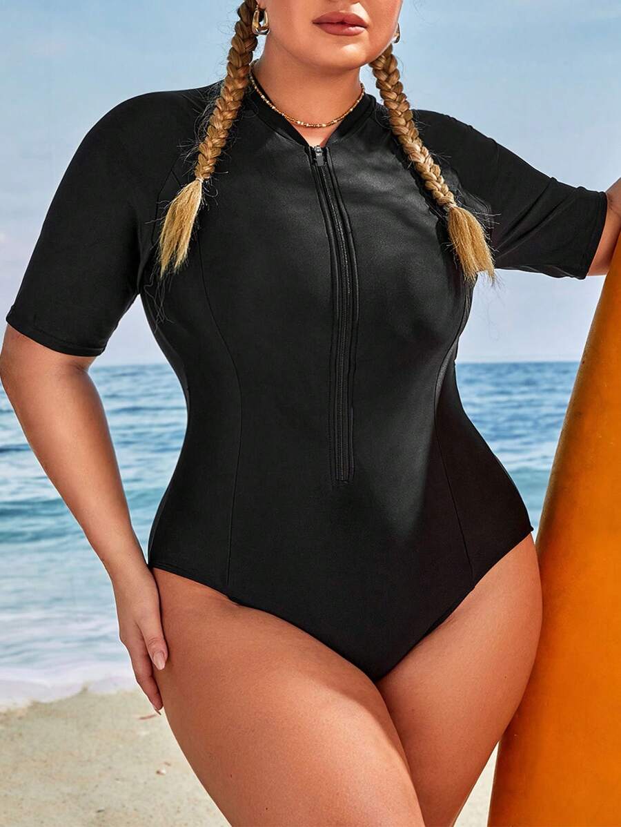 Swim SPRTY Plus Size Solid Zipper Front One Piece Swimsuit Summer