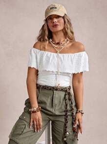 Freevana Plus Off Shoulder Ruffle Trim Eyelet Embroidery Bodysuit - White - View 4