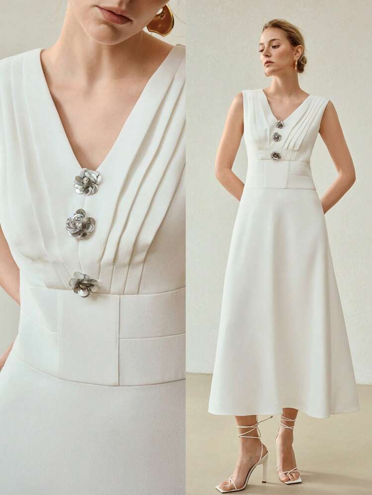 FLOWER BUTTON ZIPPER DRESS