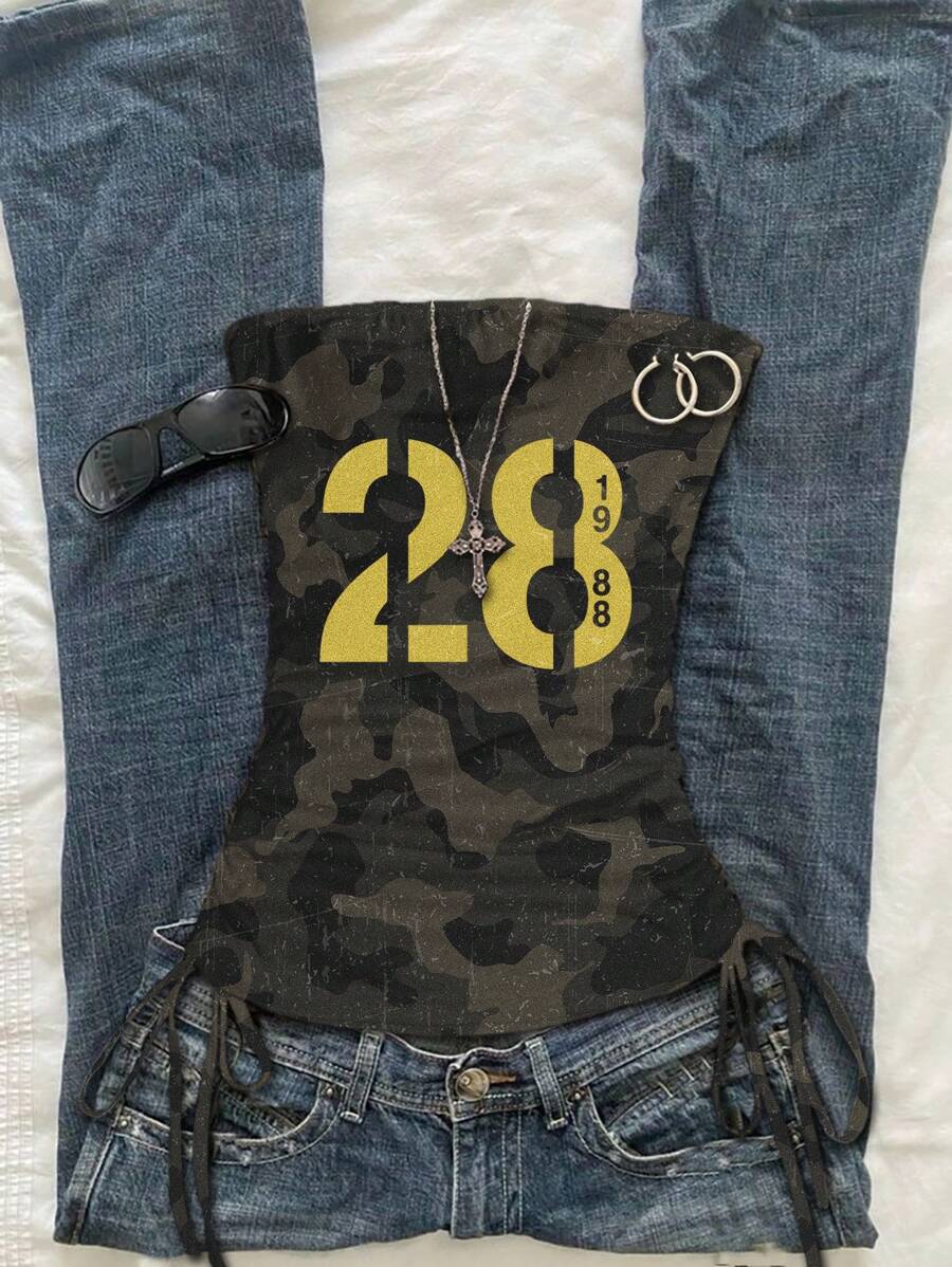 Attitoon 女士时尚数字印花褶饰前系带抹胸短款上衣，夏季返校 Y2k 上衣迷彩上衣 Y2k 女士上衣抹胸 Y2k 哥特风 - 彩色 - 查看 1