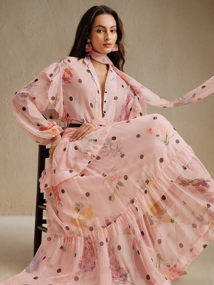 Anewsta 女士优雅花卉圆点印花衬衫 - 粉色 - 查看 1