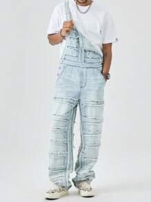 Manfinity Hypemode Men's Casual Jeans Overalls With Pockets And Frayed Hem Design - Light Wash - View 7