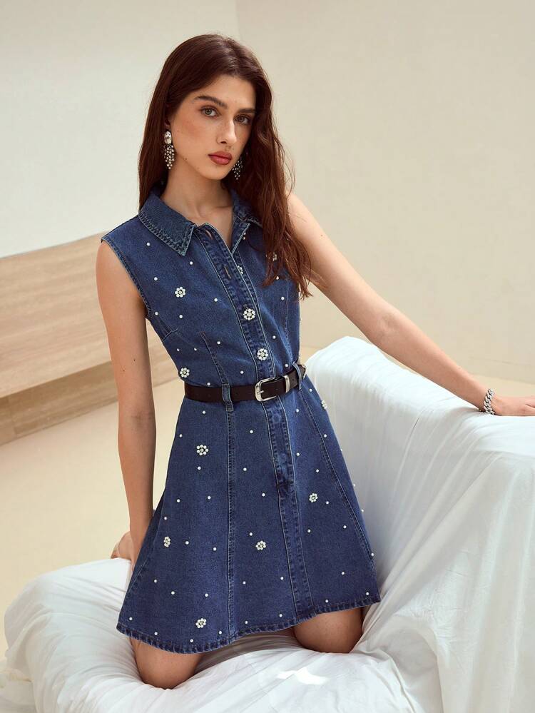 MOTF STUDIO フェイクパール ラインストーンのディテール ノースリーブ デニムドレス ベルト無し