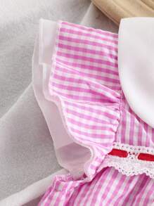 女婴连衣裙，蓝色格子印花图案，婴儿领，双层短袖蕾丝织带，搭配夏季连衣裙，优雅清新，校园风，适合居家穿着和日常打扮。 - 紫色 - 查看 7