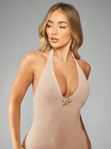 MISSGUIDED 优雅露背吊带钩编长款晚礼服，正式露背及地婚礼宾客伴娘舞会礼服 - 淺粉色 - 查看 4