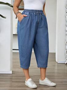 EMERY ROSE Plus Size Women's Waist Tie Pocketed Loose Casual Denim Capri Pants