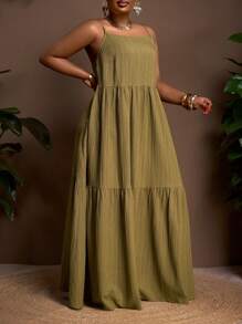 Veslaya 2025 Plus Size New Arrival Summer Green Solid Color Comfortable Stretchy Sleeveless Loose A-Line Dress - Army Green - View 11