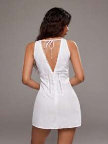 TRNVIE White Lace Patchwork V-Neck Tie Waist Sleeveless Mini Beach Dress For Women, Summer - White - View 2