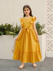 SHEIN Tween Girl Casual Holiday Ruffle Cap Sleeve Round Neck Splice Dress, Woven Fabric, Long Style - Yellow - View 3
