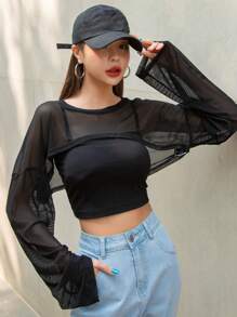 DAZY Drop Shoulder Super Crop Top Without Cami Top Festival Sheer Long Sleeve Women Tops,Fall Women Clothes