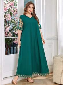 Lacomfia Váy ren kiểu Ả Rập tay ngắn màu trơn cỡ lớn - Màu xanh lá cây đậm - Xem 5