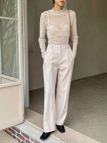 DAZY Lettuce Trim Mock Neck Mesh Top Without Bra Sheer Long Sleeve Women Tops,Fall Women Clothes - Beige - View 5