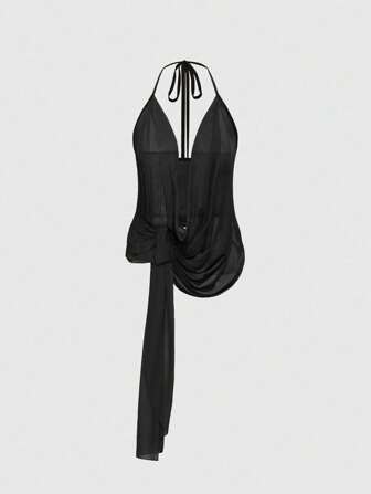 ROMWE Avant Top halter sin espalda con cuello escotado drapeado y sexy para mujeres para festivales de música