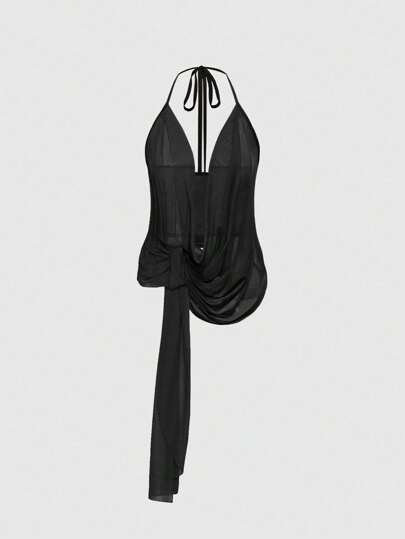 ROMWE Avant Music Festival Sexy Plunge Draped Neck Backless Halter Tank Top For Women