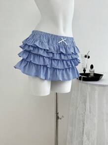 Elamini 女式格子荷叶边下摆 A 字裙 - 藍色 - 查看 4