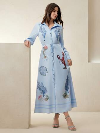 Anewsta 女士时尚印花腰带连衣裙