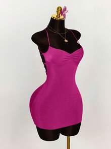Amplova Ruched Cross Strap Backless Fitted Mini Dress With Adjustable Spaghetti Straps Bodycon Dress,Party Dress,Party Dresses For Women - Hot Pink - View 4
