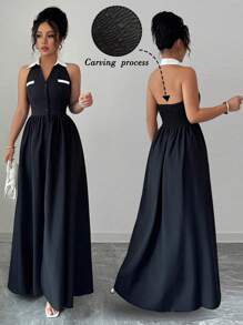 Elenzga Sleeveless Contrast Color Waist Elegant Romantic Women Halter Dress - Black and White - View 1