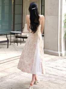 DAZY 女士优雅亮片和网眼拼接吊带中长连衣裙，夏季 - 米色 - 查看 2