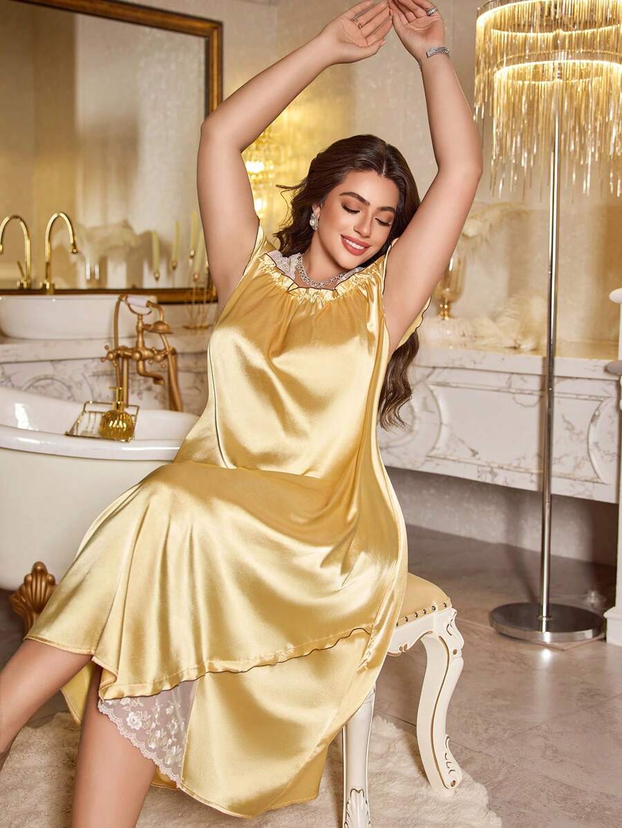 MuseNap CURVE Váy ngủ ren thêu viền bèo nhún chất liệu lụa giả màu trơn lãng mạn cỡ lớn, váy ngủ Moo Moo - Màu vàng - Xem 1