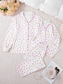 2 件套婴儿/女婴可爱心形印花长袖衬衫和长裤睡衣套装母婴睡衣，儿童女童睡衣 - 粉色 - 查看 6