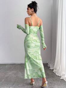 Elenzga Plus Size Women Pink Floral Print Mesh Ruffle Off Shoulder Bodycon Long Sleeve Dress - Green - View 2