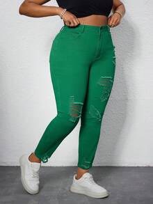 Slaydiva Jeans de corte slim fit, desgastados y de unicolor, para tallas grandes - Verde - Ver 5
