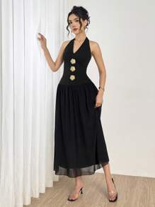 Modelyn Robe d'été élégante avec décoration métallique au col ras-du-cou pour femmes - Noir - Voir 4