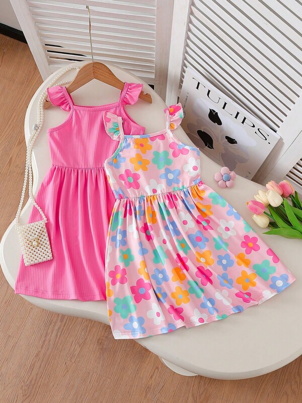 2pcs/Set Young Girls Floral Print Ruffle Strap A-Line Elasticated Waist Casual Dress Set, Suitable For Daily, Beach, And Holiday Wear, Summer Girls Sundress Flower Girl Dress Kids Sundresses Girls Summer Dresses Kids Floral Dress